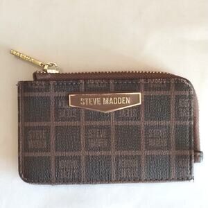 Steve Madden NEW B Slim Zip Around Leather Card Case Brown Spellout